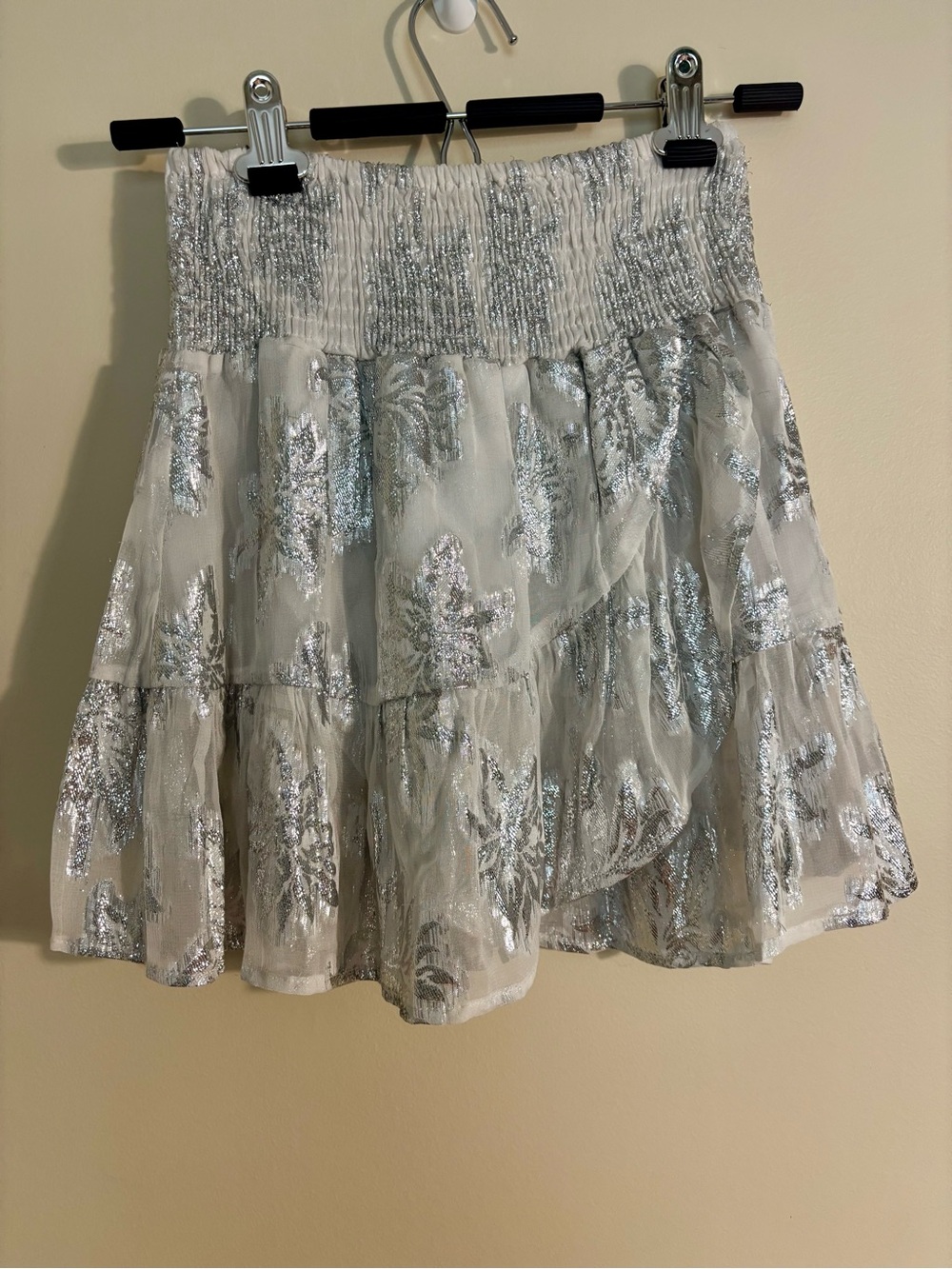 Muche et Muchette Floral Foil Ruffle Hem Smocked Mini Skirt - White & Silver OS
